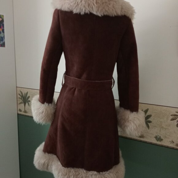 True Vintage 60s 70s Penny Lane Faux Suede Fur Princess Coat Brown - Picture 2 of 6